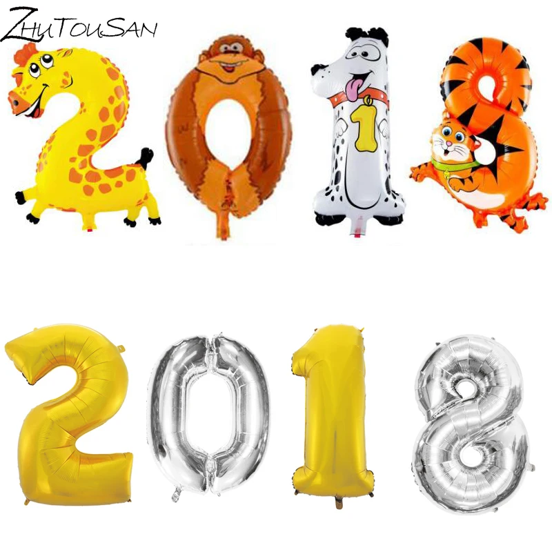 4 шт. номер 2018 Фольга шары мультфильм цифра воздушные Happy новогоднее