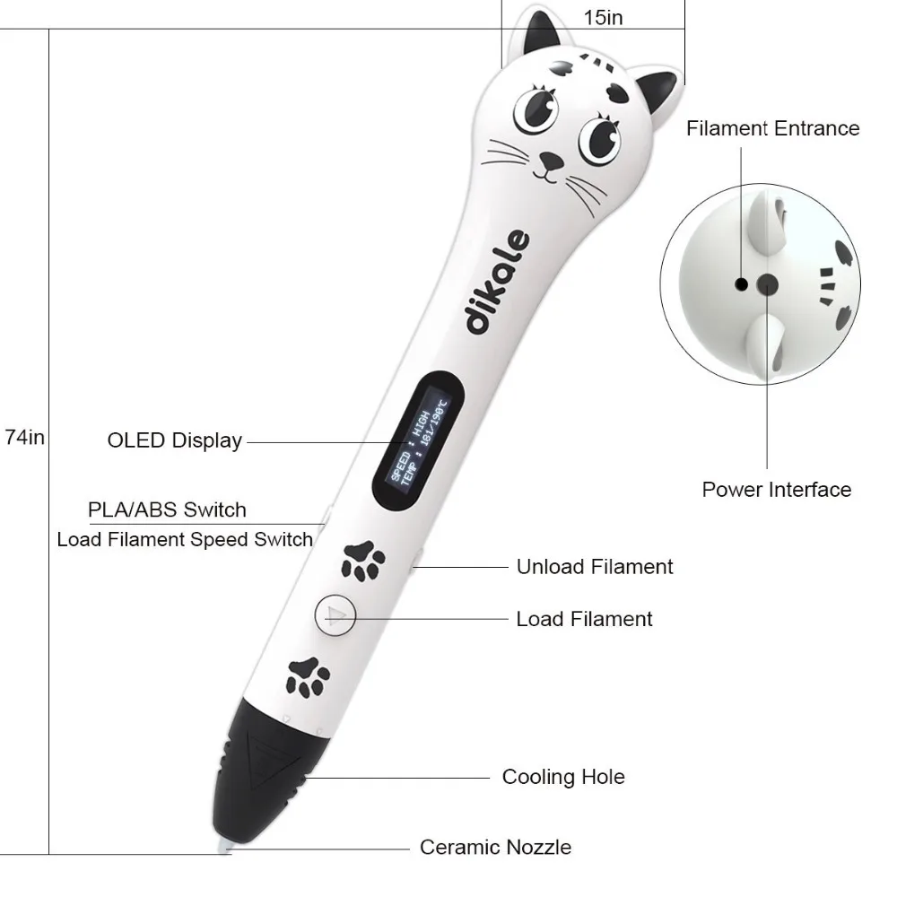 DIKALE 3D Ручка ручки 1,75 мм PLA Филамент каракули Лучший подарок для детей рисование ручкой-3d модель Creative 3 d cute cat on.
