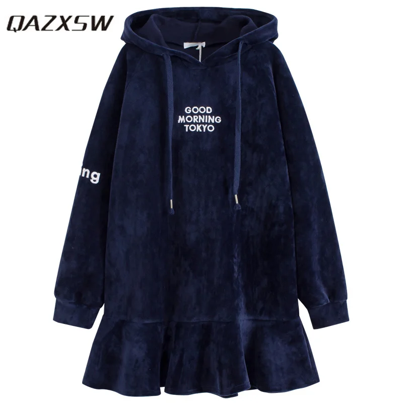

QAZXSW 2018 New Spring Women Plus Size Dresses For Women Casual Harajuku Hoodied Dress Trumpet Mini Render Dress Vestidos HB567