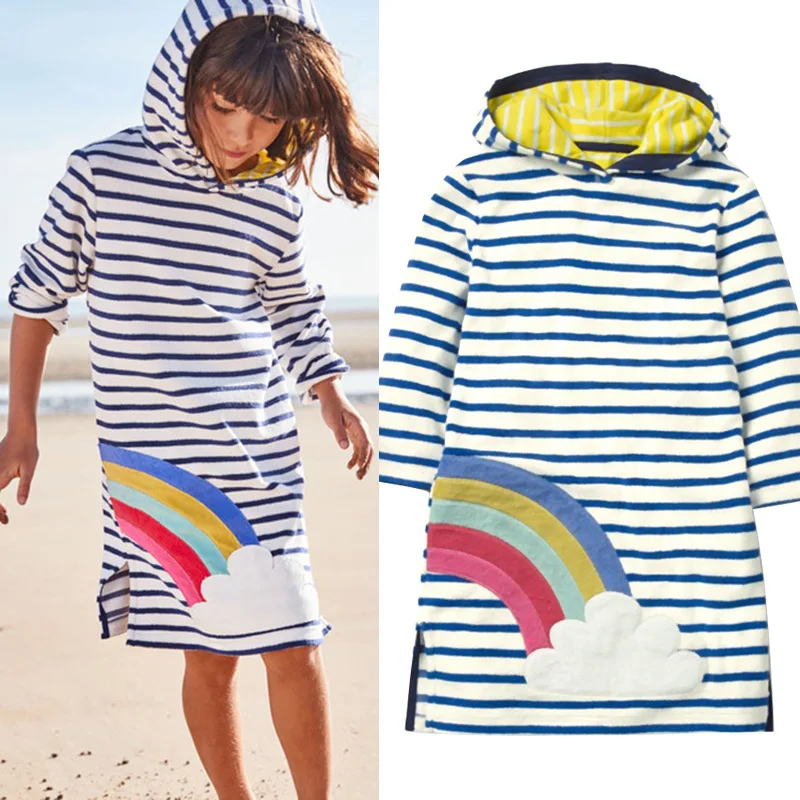 2019 New Spring Striped 100% Cotton Rainbow Whale Sunshine Dot Kids Dresses for Girls Toddler Girl Party Hoodie Dress |