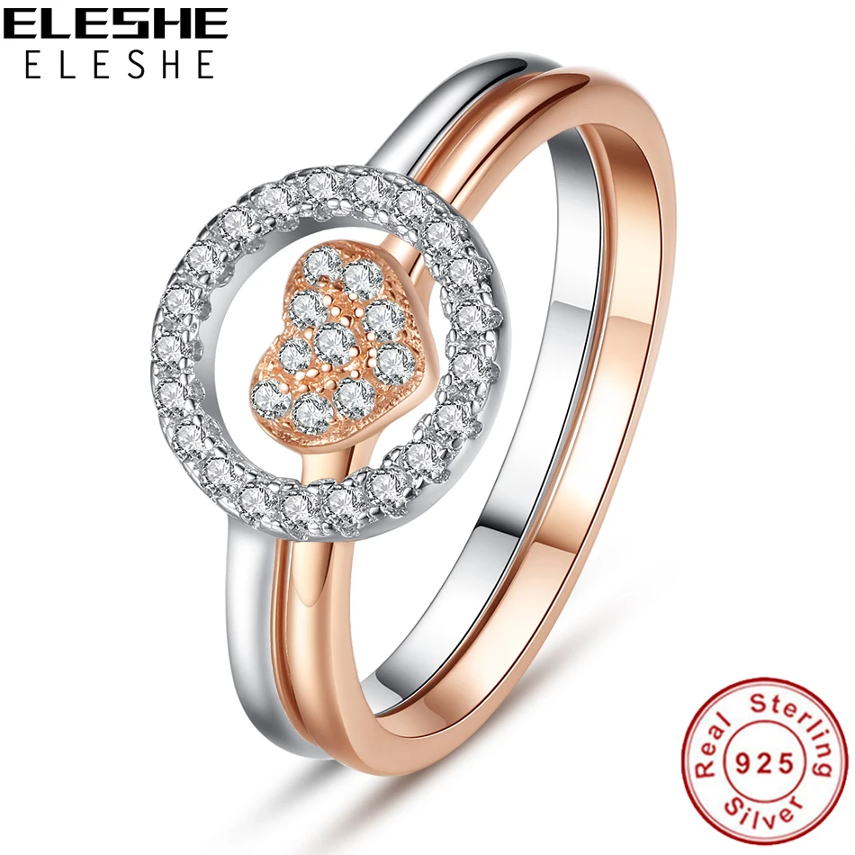 ELESHE, 925 пробы, серебряные кольца, кристалл, Круглый, розовое золото, кольцо, сердце, обручальные кольца для женщин, модное ювелирное изделие, Bague Femme