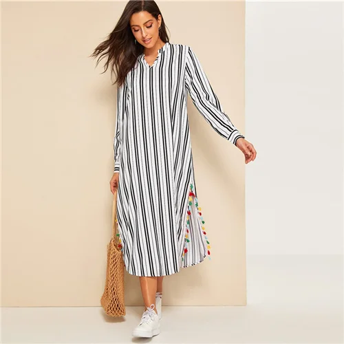 Black and White SHEIN Платье-туника в полоску с v-образным вырезом и кисточками сбоку, женское платье с длинным рукавом на весну и осень, черно-белое платье с v-образным вырезом - Цвет: Black and White
