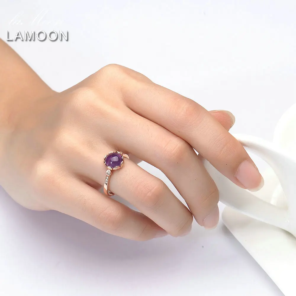 LAMOON 8 мм 2.3ct натуральный округлость Фиолетовый аметист 925 пробы Серебряное Ювелирное кольцо для подарка подруге LMRI029