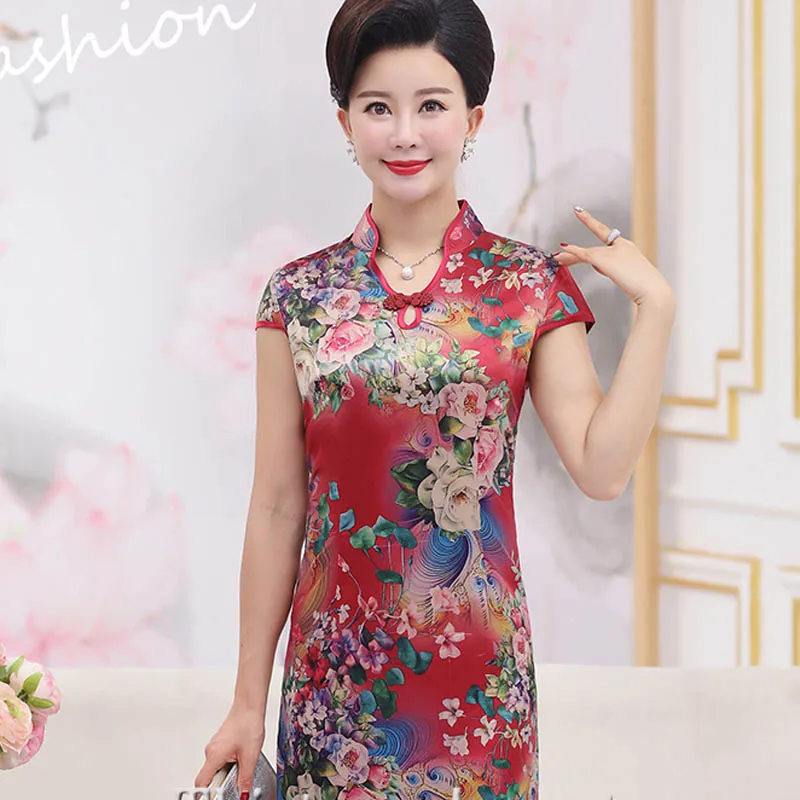 Большие размеры для женщин среднего возраста летнее платье шелк cheongsam старший с