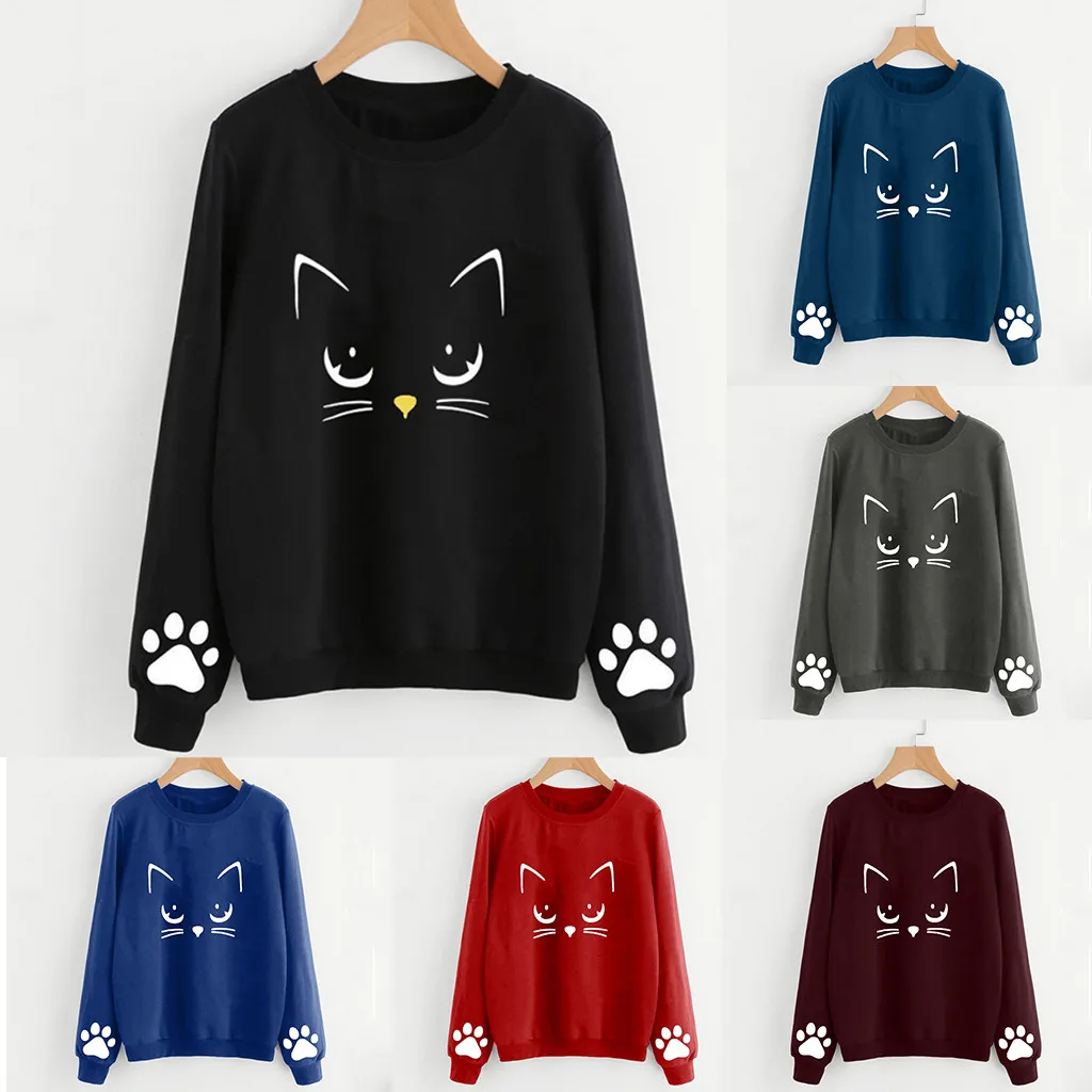 Autumn Winter Women Hoodies Cat Print O Neck Ladies Sweatshirt Casual Long Sleeve Regular Blouse Tops Loose Pullover
