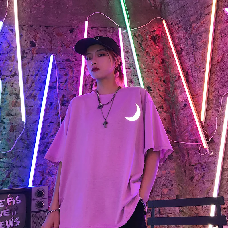 New Arrivals Hipster T Shirt Women Printed Glow In Dark Cool T-shirt Unisex Night Club Guys Reflective Moon Top Tees Femme | Женская