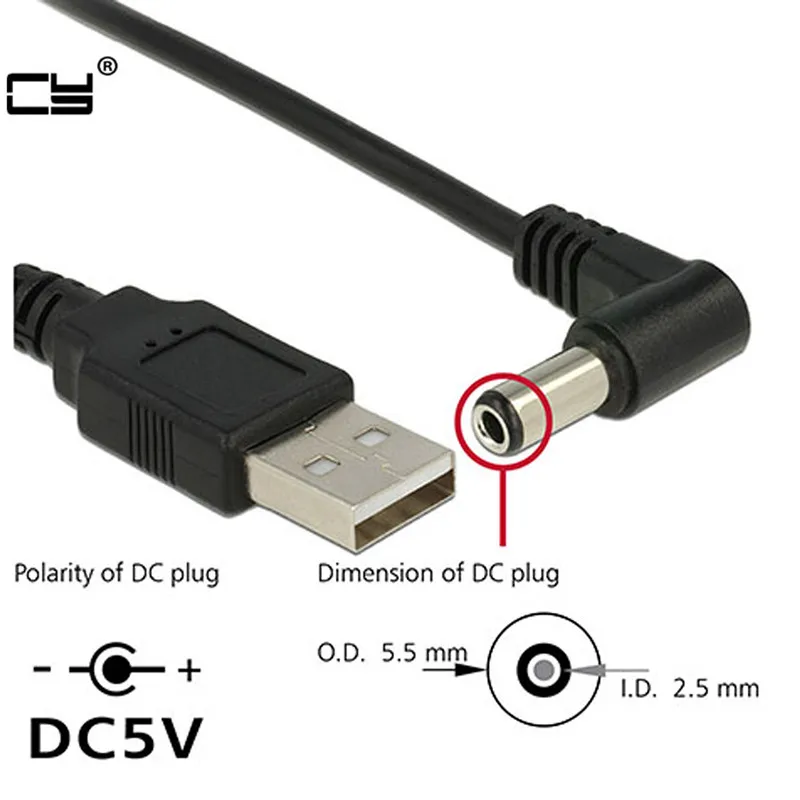 

USB to 5.5 mm/2.5 mm 5 Volt DC Barrel Jack Power charge Cable 1m 3ft Elbow 90 Right Angle Design DC power plug USB CABLE