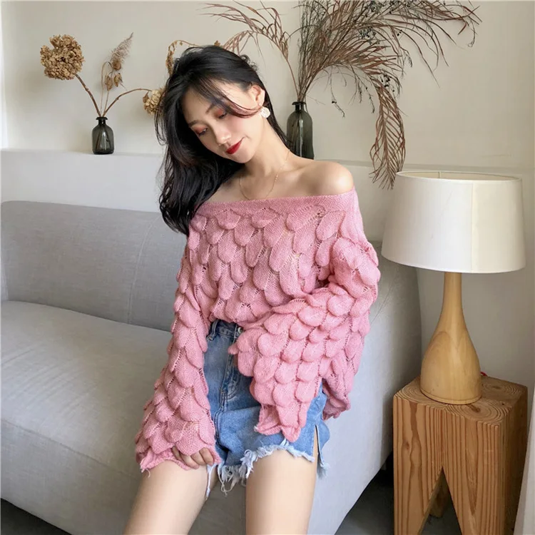 Solid Sexy Sweaters Fashion 2018 Women Loose Slash Neck Knitted Pullovers Long Sleeve Hollow Out Winter Tops for | Женская одежда