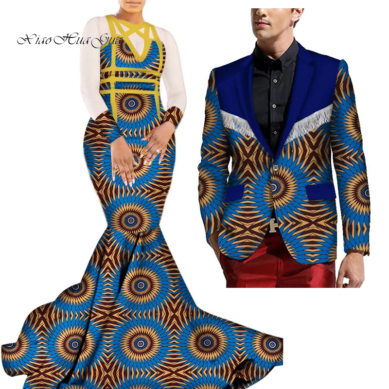 9 African Mermaid Bazin Riche Dresses for Couples Dashiki African Couple Clothing Women's Dress+Men's Blazer 2 Pieces Set WYQ275 - Color: 9