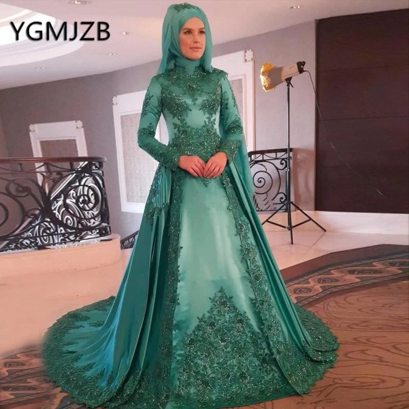 

Long Sleeves Muslim Wedding Dresses 2019 A-line Beaded Appliques Lace Saudi Arabia Bridal Gown Bride Dress Vestidos De Novia