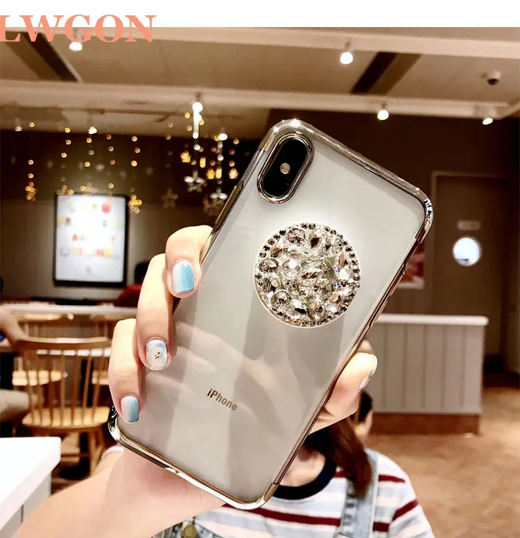 Lwgon Luxury Bling Diamond Airbag Bracket Rhinestone Crystal Clear Soft Case Cover For OPPO R9 R9S R11 R11S Plus R15 R17 P |