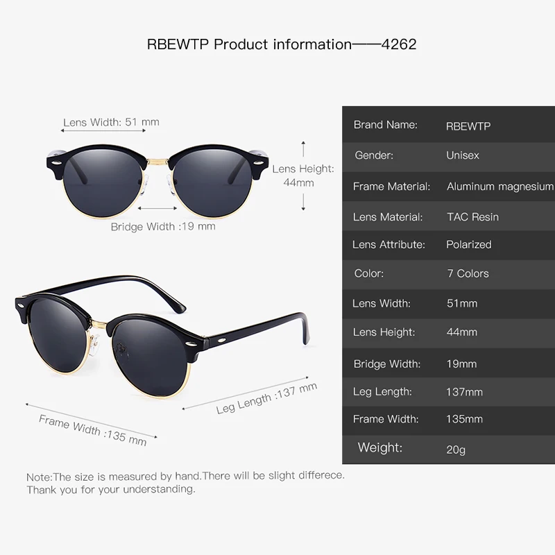 RBEWTP брендовые круглые поляризованные мужские солнцезащитные очки фирменный