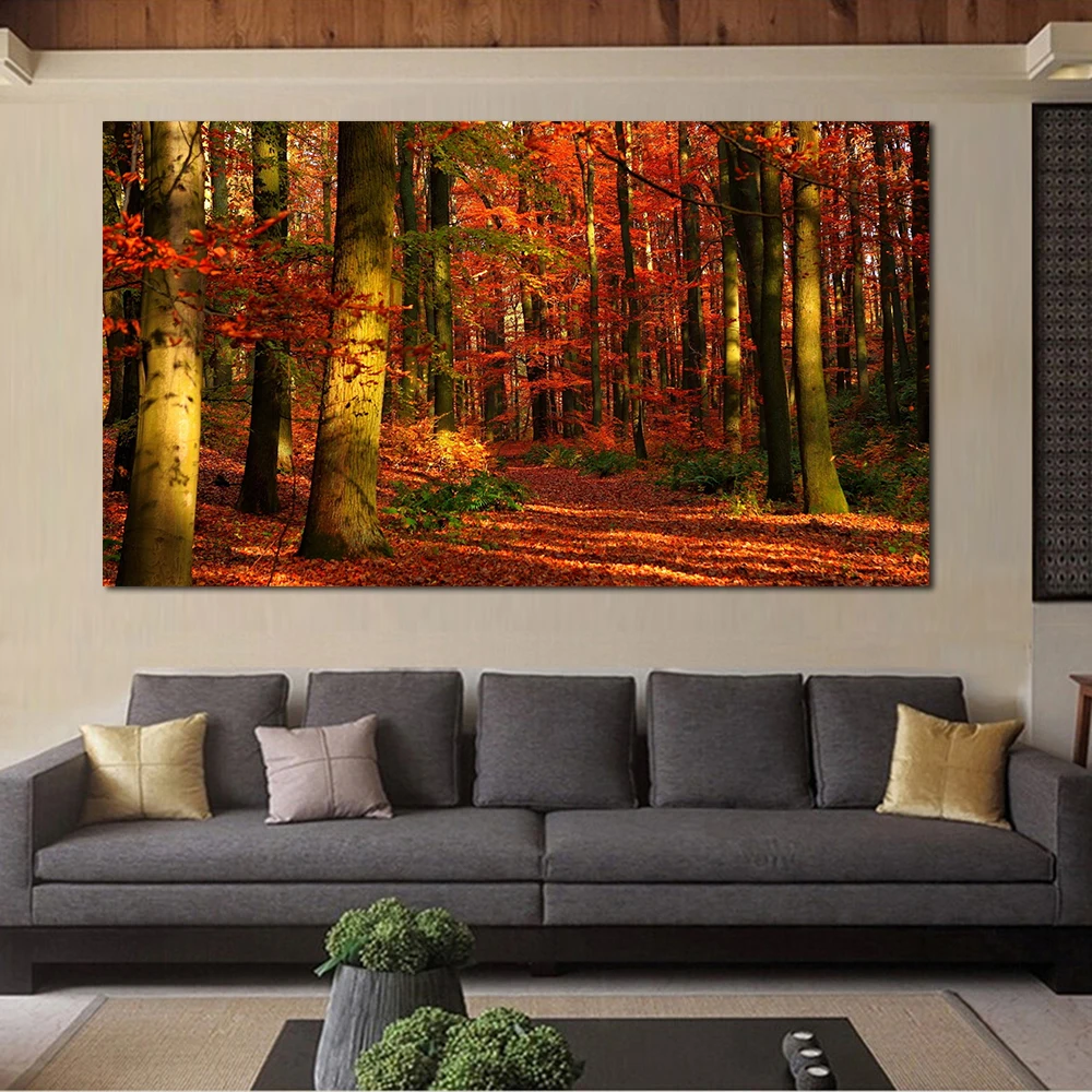 

QHYART Paintings For Living Room Autumn Red Forests Trunk Picture Canvas Wall Art Prints Poster For Living Room Home Decor