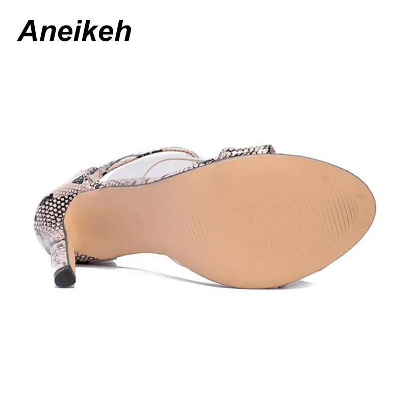 Aneikeh/Новинка года; Модные женские сандалии-гладиаторы; пикантные сандалии из пвх на молнии со змеиным принтом; туфли-лодочки с открытым носком на высоком каблуке; вечерние офисные туфли