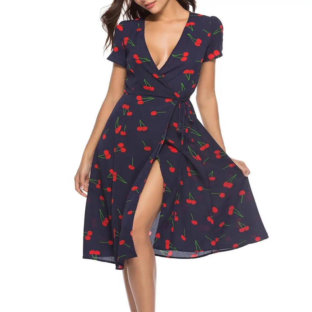 Yfashion Summer Fashion Floral Dress Women V Collar Slit Lacing Femme Elegant Midi | Женская одежда