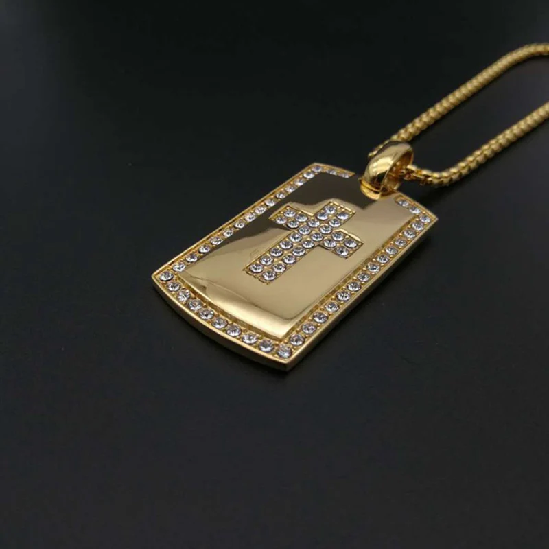 Хип-Хоп рок Iced Out Стразы Bling Gold Цвет Нержавеющая сталь Cross Square кулон Цепочки и ожерелья Dog Tag для Для мужчин, украшения