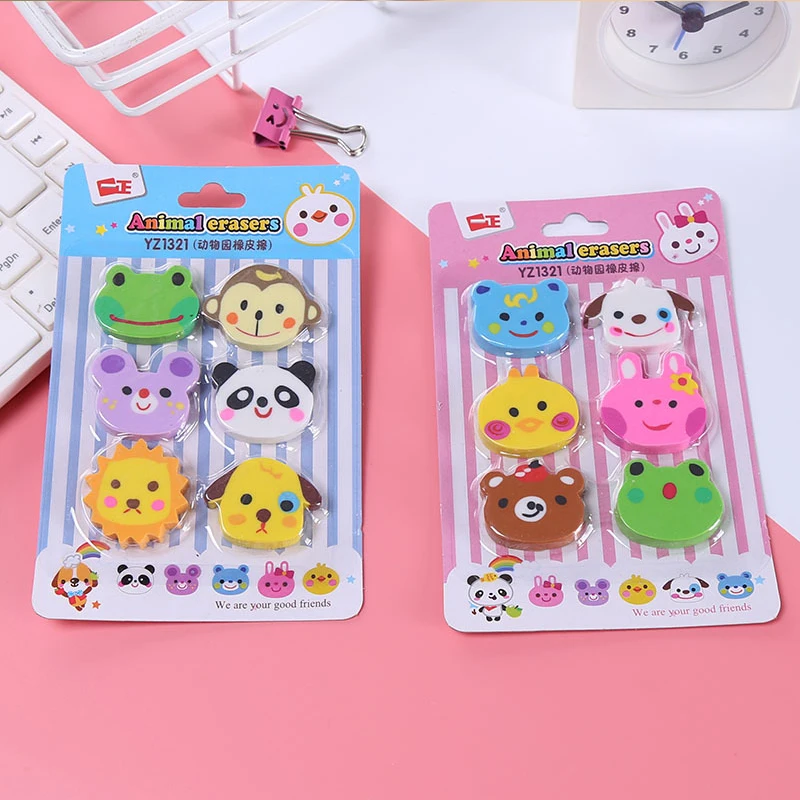 6pcs/lot Animal Head Eraser Cartoon Zoo Primary School Supplies Korean Stationery Cute Children Prize Rubber | Канцтовары для офиса