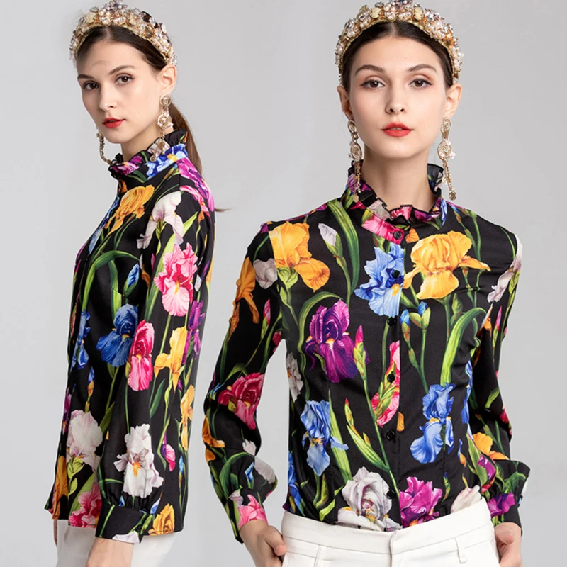 2018 Autumn Women Tops High Quality Black Floral Printed Chiffon Ruffled Collar Vintage Runway Design Shirt |