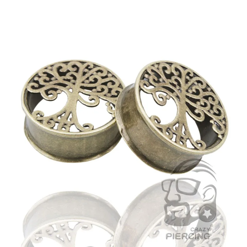 Tree Of Life Ear Plugs Antique Gold Double Flares Gauges Brass Flesh Tunnel Earring Plug Fashion Earrings | Украшения и