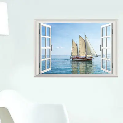 Огромный вид на океан 3D окно парус лодка море настенные стикеры художественные