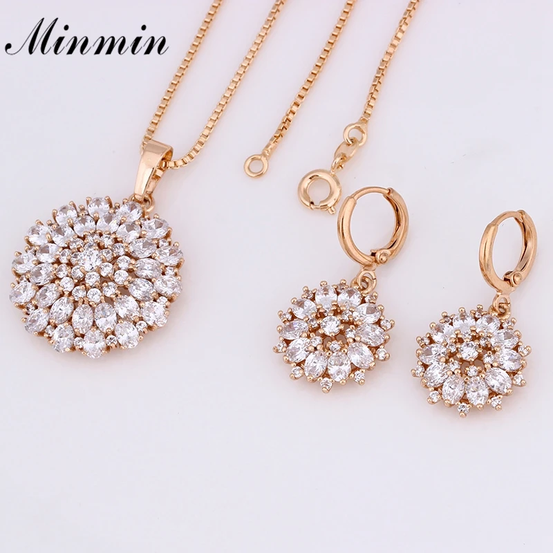 Minmin Bidal Jewelry Sets for Women Cubic Zircon Necklace Earrings Elegant Small Flowers Gold-color Accessory TL357 | Украшения и