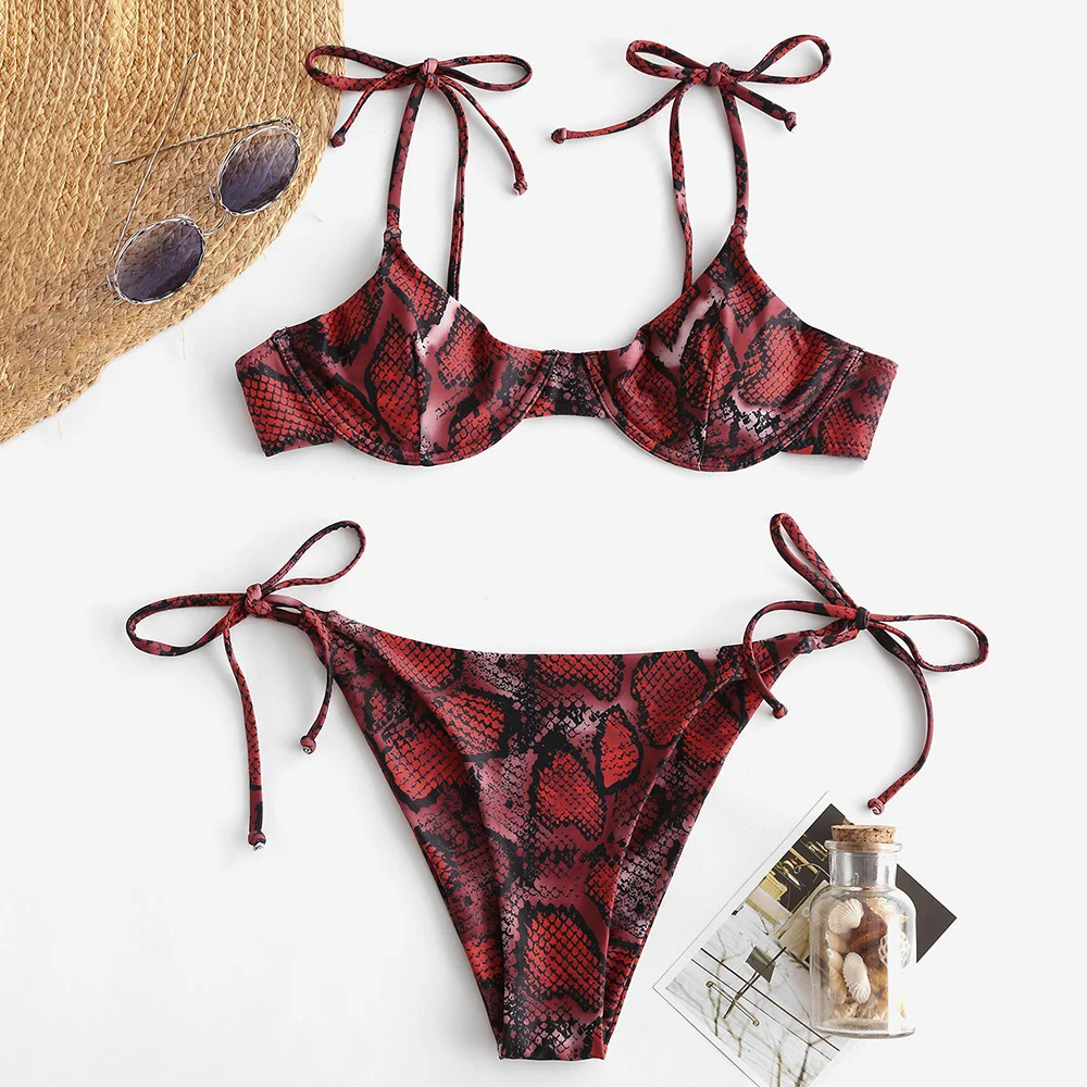 ZAFUL Snake Print Tie Shoulder Underwire Bikini Set Spaghetti Straps Women Swimsuit Padded Swimwear Low Waisted Bathing Suit | Женская