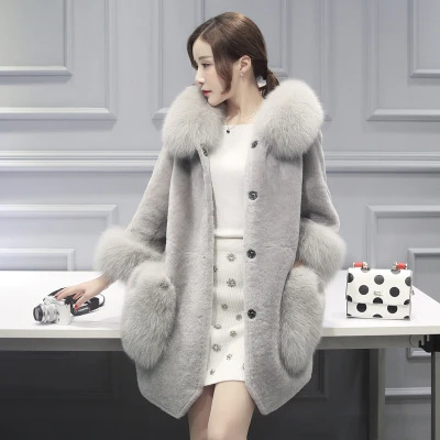 2017 Lady autumn and winter fur one of the long sheep cut cashmere imitation hooded jacket lamb hair female | Женская одежда