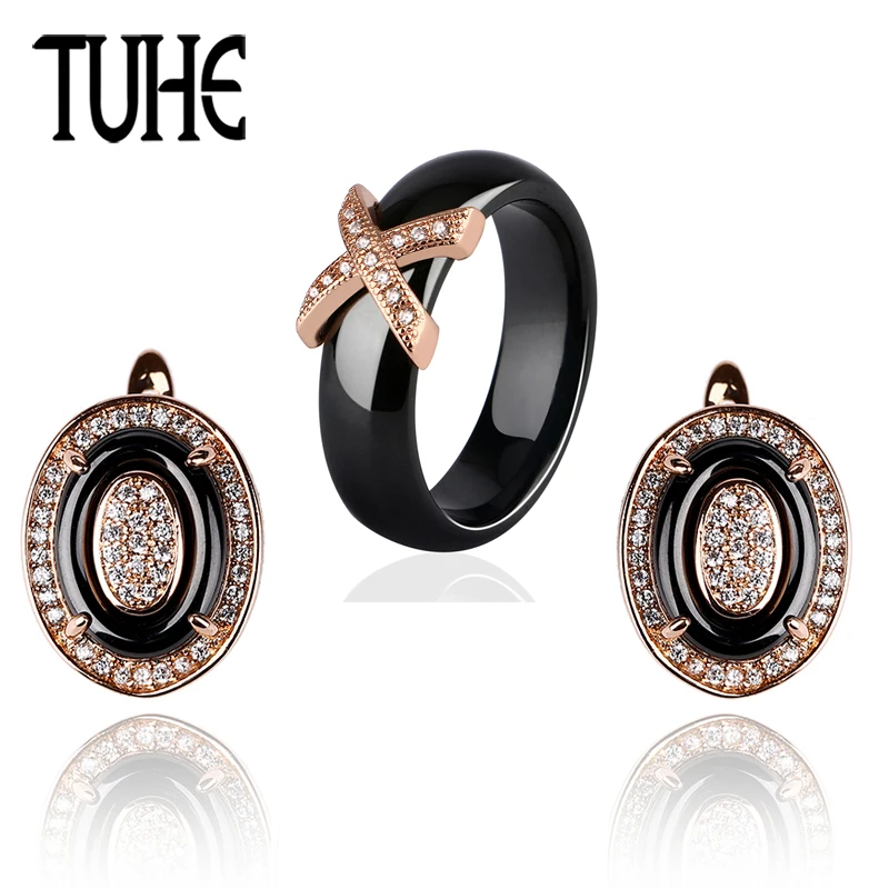 

Elegant Fashion Rose Gold Crystal Ring Earrings Set Healthy Smooth Black Ceramic Rhinestone For Women Party Dress Jewelry Sets