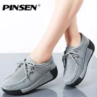 Женские замшевые кроссовки на плоской платформе PINSEN, весенние криперы с вырезами, на шнуровке, Мокасины, 2020