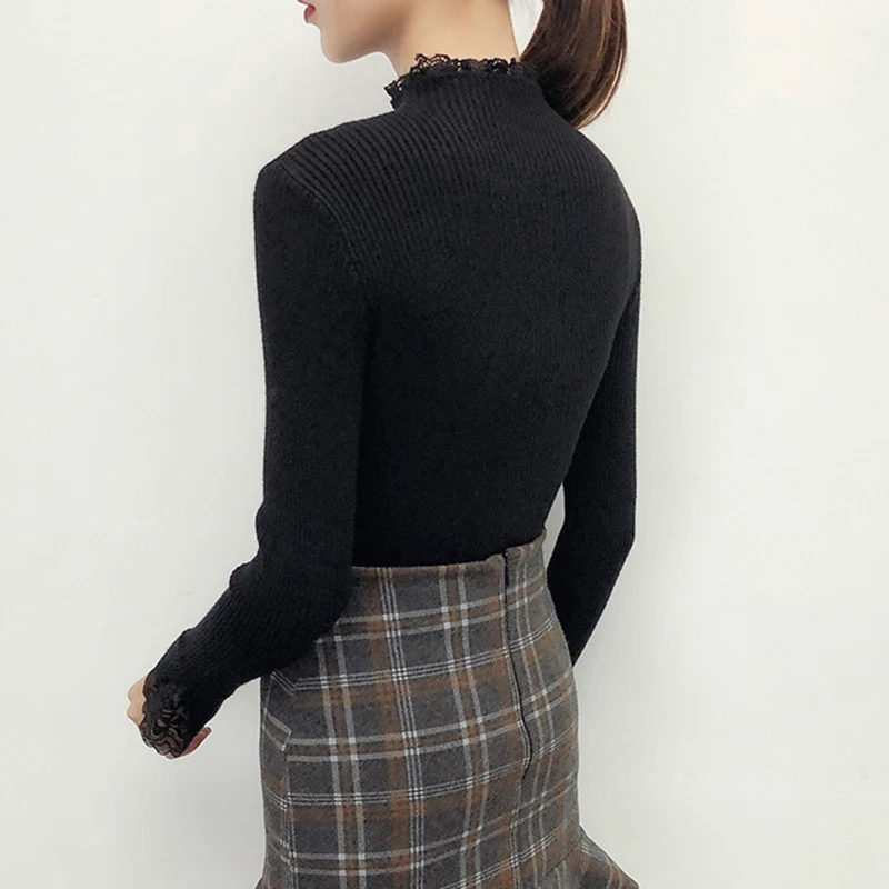 Lace Patchwork Knitted Pullover Women Turtleneck 2021 Autumn Winter Sweaters And Pullovers Female Tricot Jumper Pull Femme | Женская
