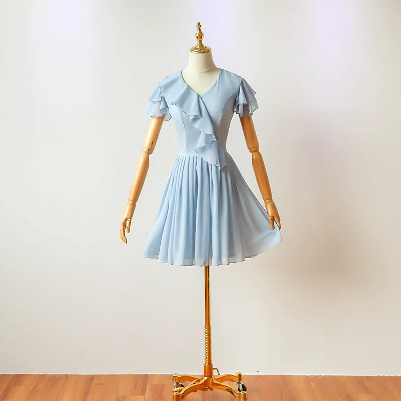 Real Shot Plus Size Fashion Blue Short Chiffon V-neck Bridesmaids Dresses dance Party Dress Women Wedding Guest 9049 | Свадьбы и