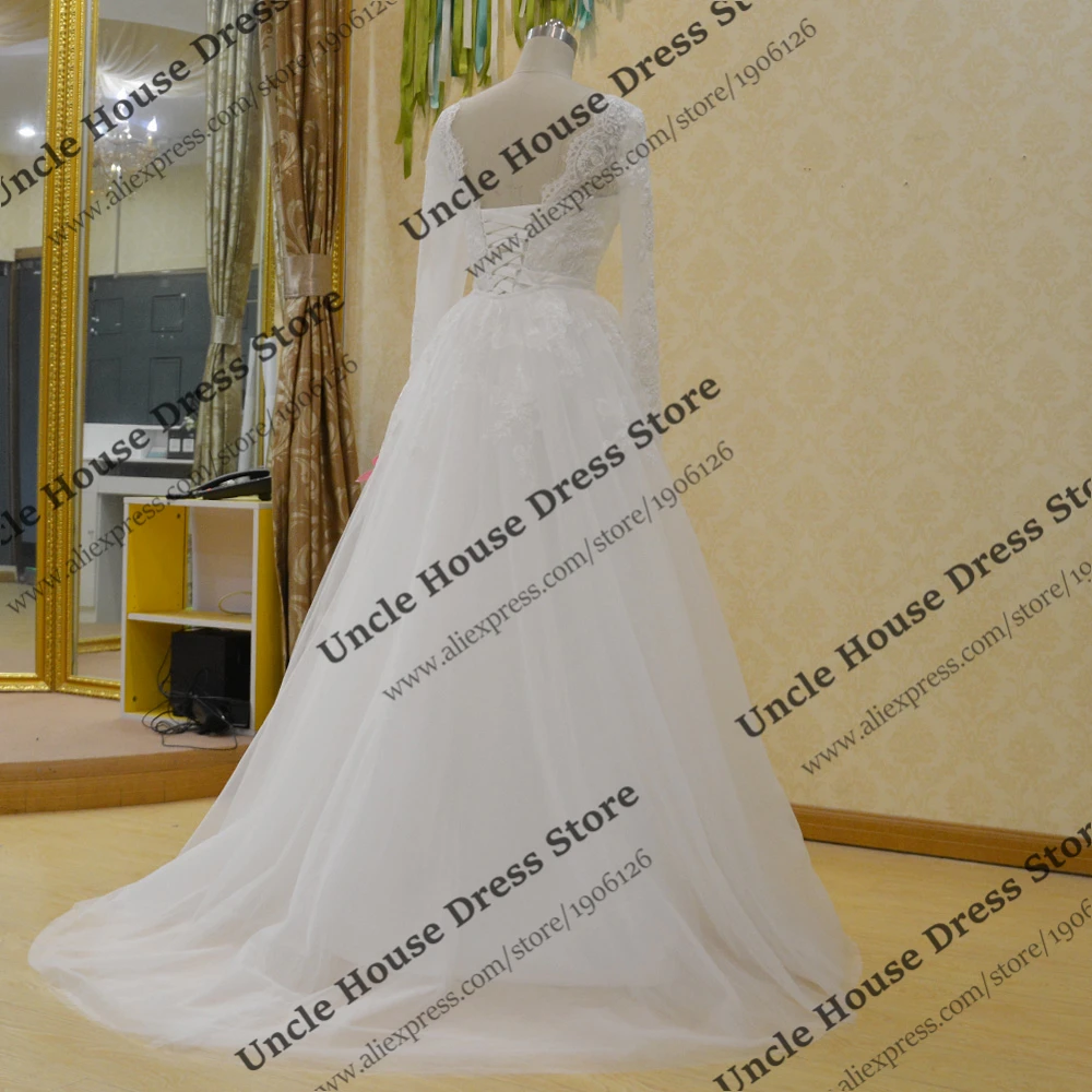 Sposa Abito Mermaid Шнурка С Длинным Рукавом Свадебные Платья Со Съемной Поезд Выкл Белое