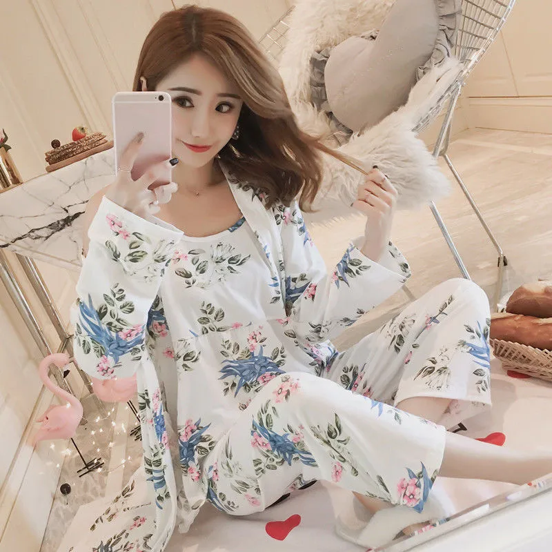 Style 20 Пижамный комплект Для женщин сексуальное платье, бодикон, с рисунком, летние тонкие хлопковые пижамы с длинным платья брюки жилет с новой уникальной технологией рассеивания 5 шт./компл. дома большой Размеры, одежда для сна - Цвет: Style 20