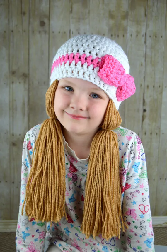 2016 NEW handmade Crochet Baby Girls Wigs Hat White and Pink Pigtail Beanie - Cabbage Patch Hat- Crocheted Bow | Детская одежда и
