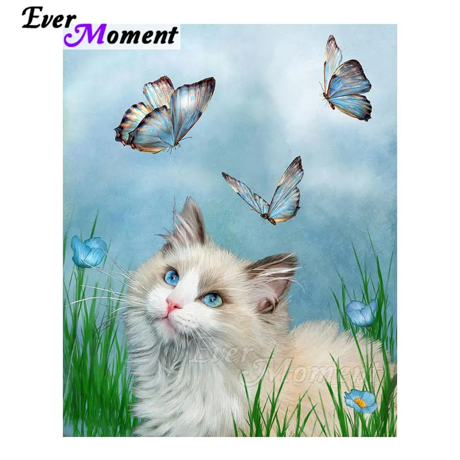 Алмазная 5D картина с котом и бабочкой полная вышивка|Алмазная мозаика вышивка| |