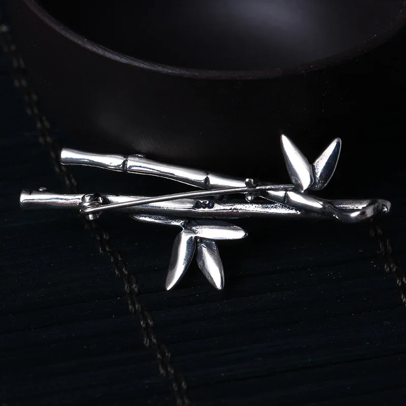 Брошь из серебра 100% пробы с подвеской в виде бамбуковых листьев|Украшения для