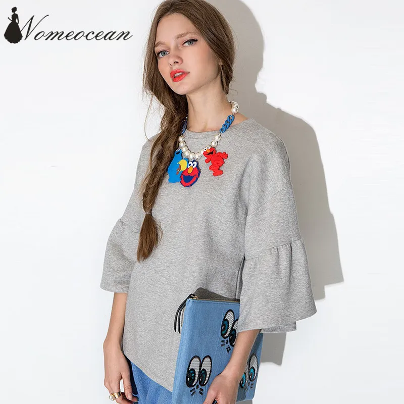 Clearance Gray Loose 3/4 Sleeve T-shirt Solid Color Basic Tee Slit Sweep Fashion Street Women T-shirts Tops of M17081701 | Женская