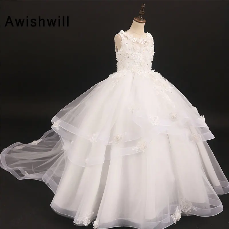 

Ball Gown Scoop Neck White Flower Girl Dresses For Weddings With Appliques Beading Flowers Vestido de Daminha Girl Pageant Gown