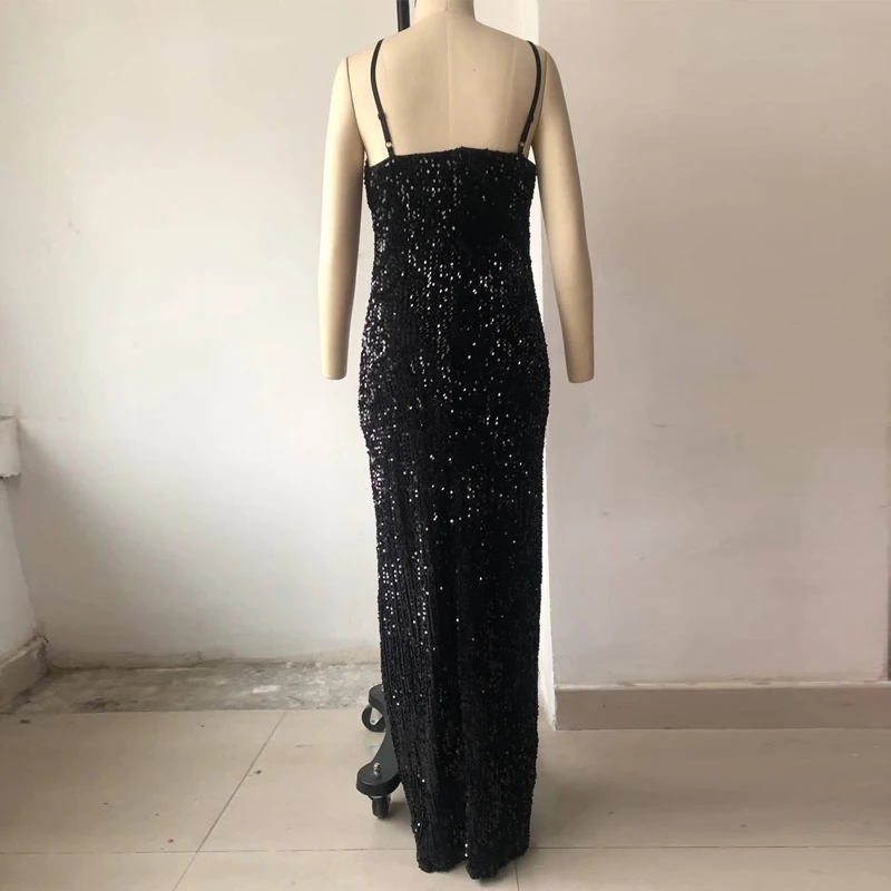 Женское длинное платье-макси с высоким разрезом и v-образным вырезом Черное