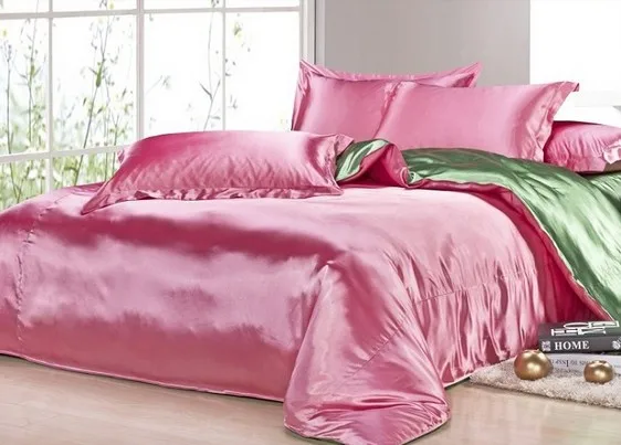 Pink Green Шелковый атлас Набор пододеяльников для пуховых одеял одеяло Чехлы для мангала покрывало Доона Постельные принадлежности CAL super king size Queen полный двойной twin один покрывало настроить - Цвет: Pink Green