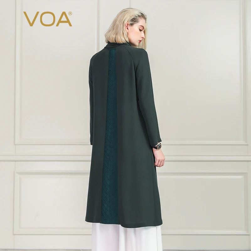 VOA Army Green Trench Coat Women Runway Long Cardigan Heavy Silk Sobretudo Gabardina Windbreaker Duster Ladies Clothes F385 | Женская