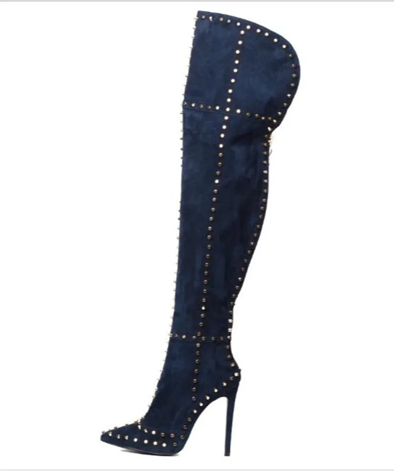 

Fashion week style women thigh high boots rivets studded high heels sexy pointed toe over the knee boots club party shoes woman