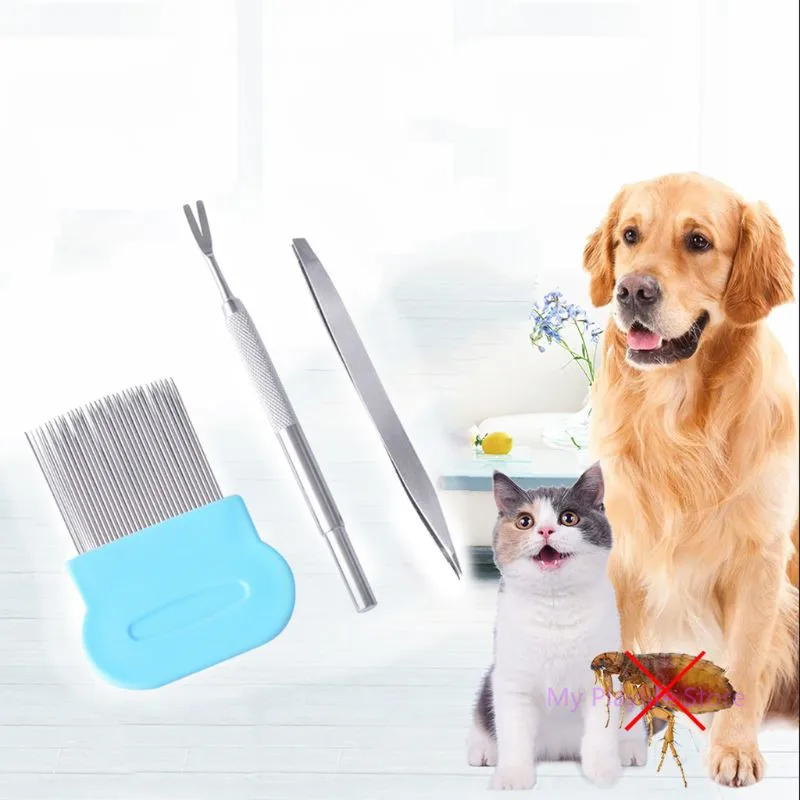 

3 Pcs Stainless Steel Pet Flea Treatment Tick Removal Tool Set Tweezers Fork Comb Clip for Dog Cat Pets Supplies C42
