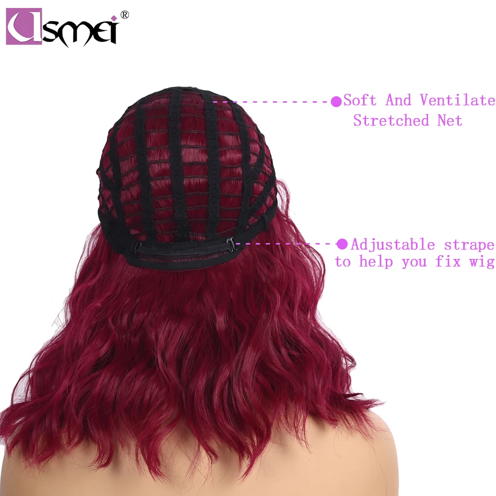 USMEI Red wig Synthetic hair Wigs for Women Cosplay Wig High density Temperature Fiber medium length body wave wig Free Shipping