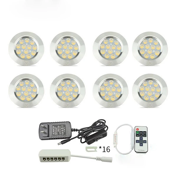 8Pcs kit 12V с регулируемой яркостью Светодиодная подсветка под шкаф комплект ультра-тонкий Светодиодный точечный светильник s с радиочастотным пультом дистанционного управления ручка контроллера на светильник s для Кухня шкаф - Цвет: 8Pcs kit