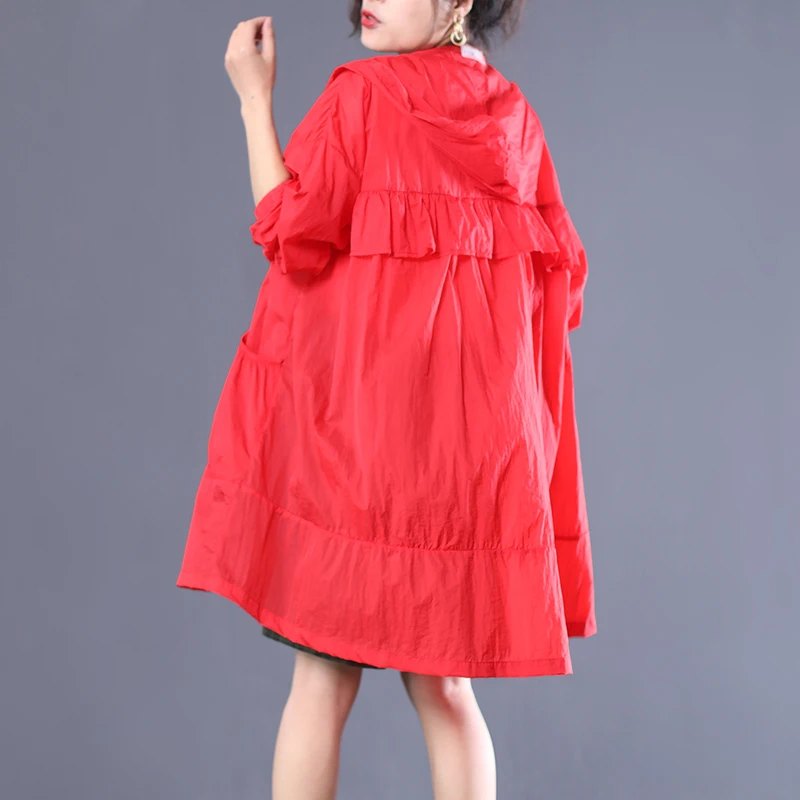 red SeeBeautiful, новинка, модное летнее пальто на молнии с капюшоном, длинным рукавом, карманами, оборками, тонкое, плюс размер, солнцезащитное пальто для женщин Y858 - Цвет: red