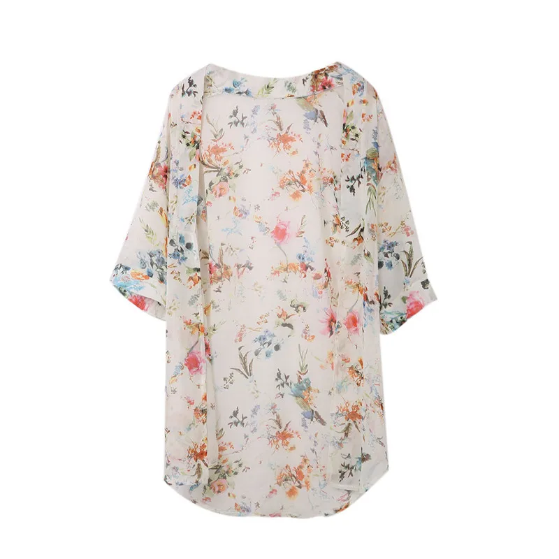 Vacation Fashion Sunscreen Open Stitch Women Chiffon Boho Kimono Flower 3/4 Sleeve Sunblock Jacket Top Blouse Cardigan Shirt |