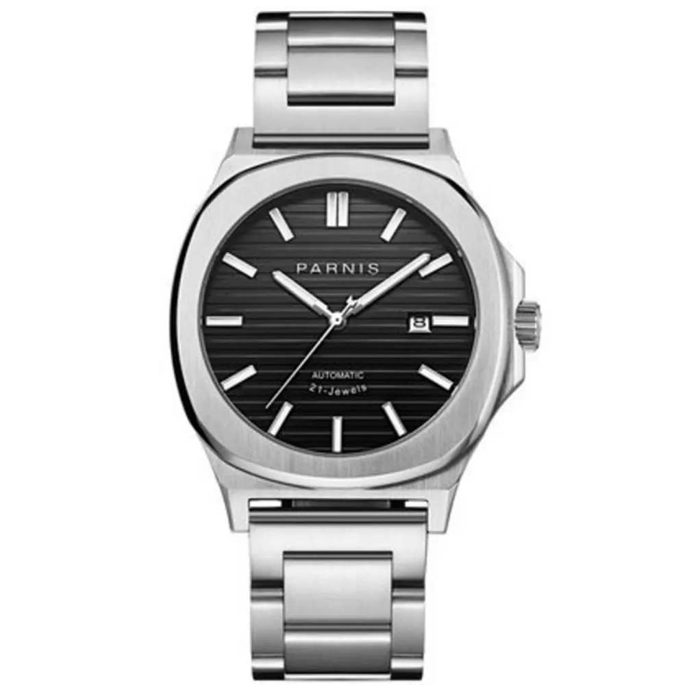 

PARNIS Black Dial Sapphire Glass Date Luminous marks Top Brand Miyota Steel Band Automatic Movement men's Watch