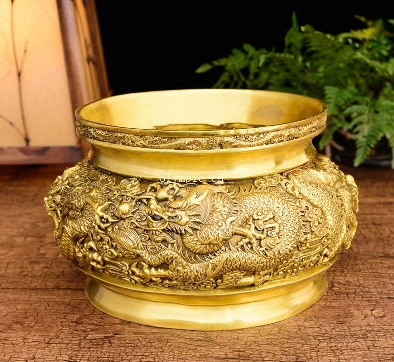 

8'' brass copper carved auspicious good fortune treasure Nine dragon censer