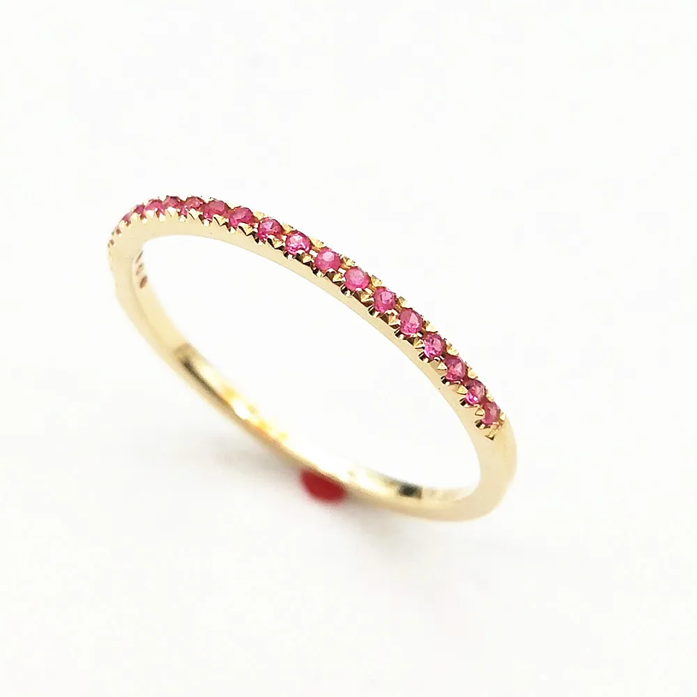 Stackable Pave блестящее подлинное кольцо с розовым сапфиром твердое 10K желтое золото